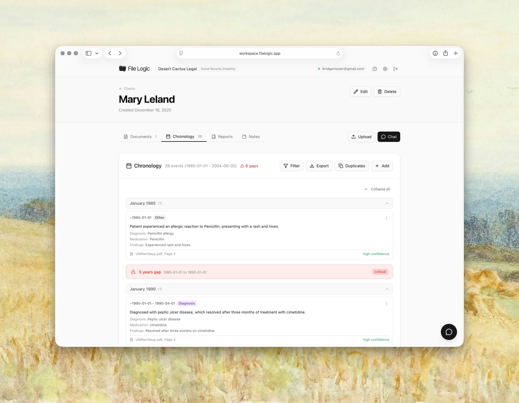 File Logic chronology view showing extracted medical timeline with dates, diagnoses, and treatments
